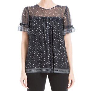 Max Studio Womens XS Black & Ivory Polka Dot Semi Sheer Short Sleeve Top NEW